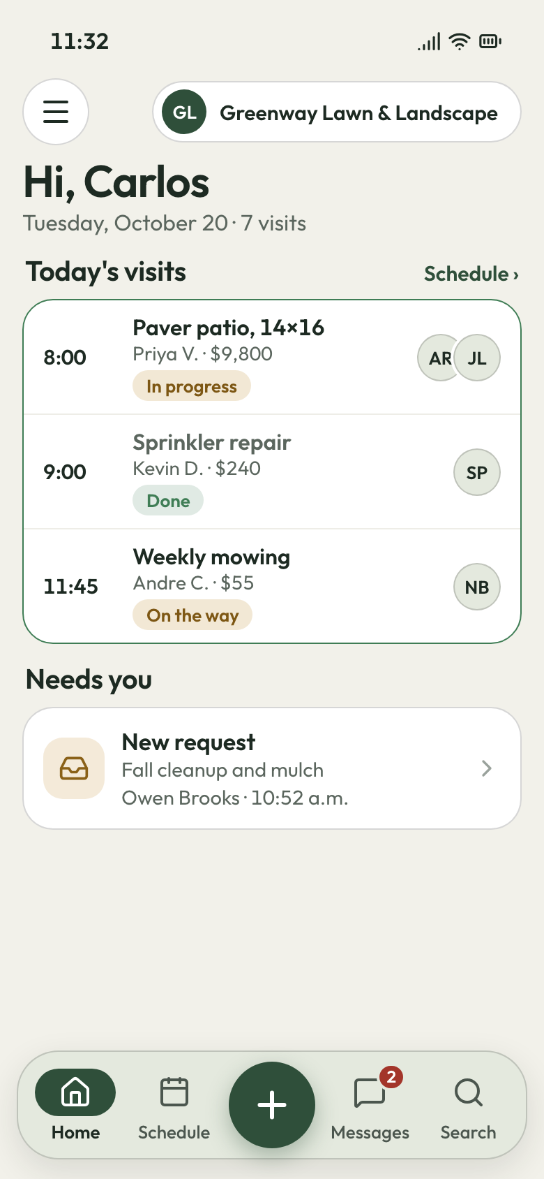 Greenway Lawn & Landscape app on a phone: paver patio, 14×16 under way, sprinkler repair done, weekly mowing next