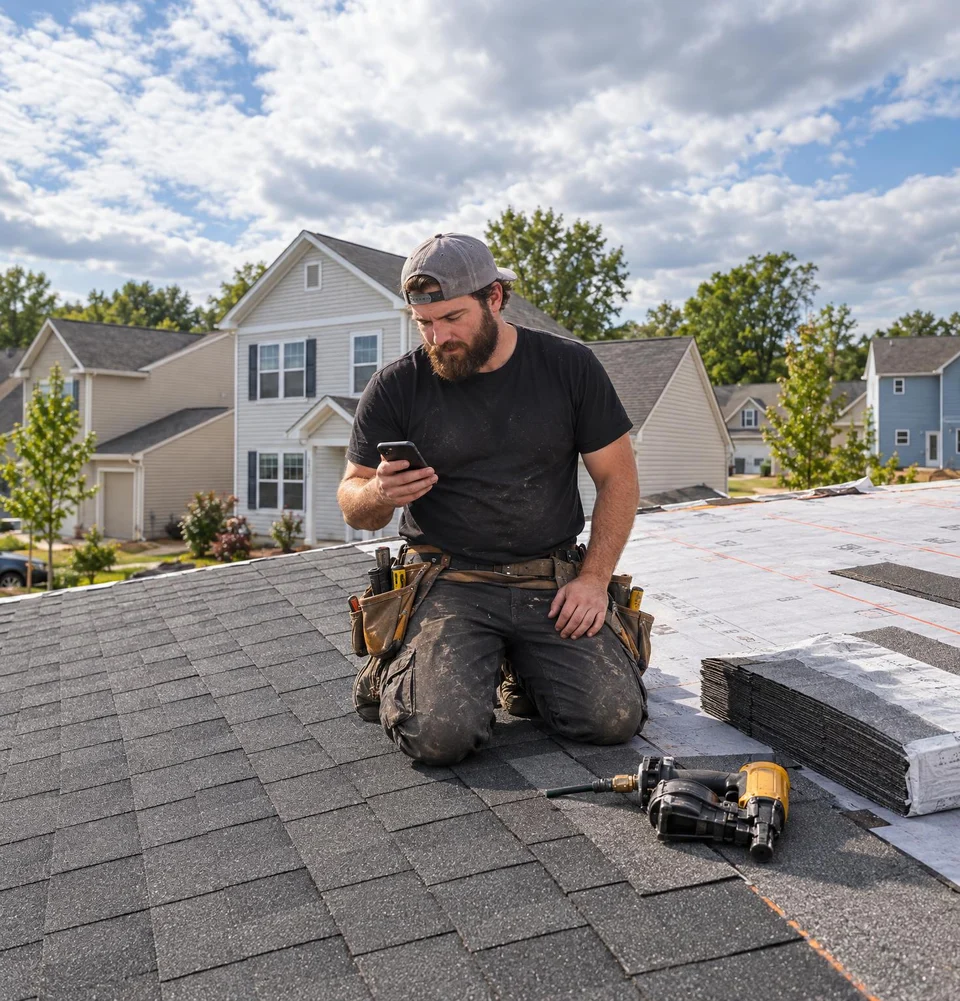 Roofer kneeling on a half-shingled roof, reading a customer's text on his phone