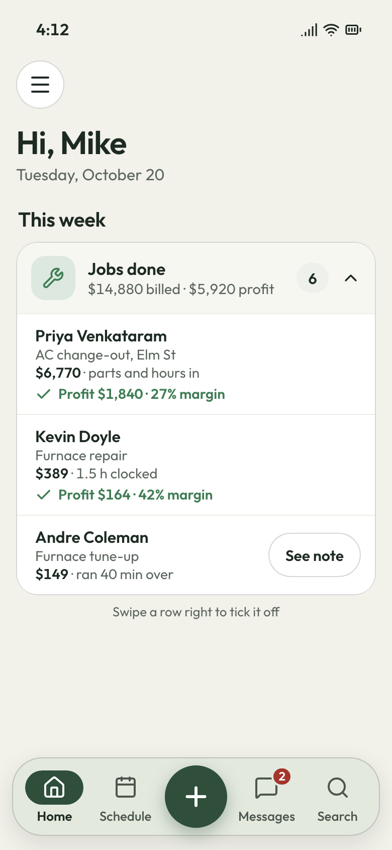 JobsiteBooked phone app: jobs done this week with each job's profit and margin, $5,920 profit on $14,880 billed