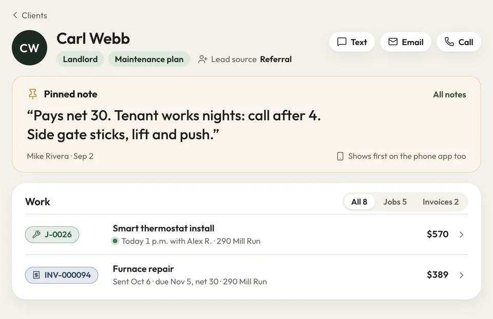A landlord's client page: Landlord and Maintenance plan tags, lead source Referral, and a big pinned note on top