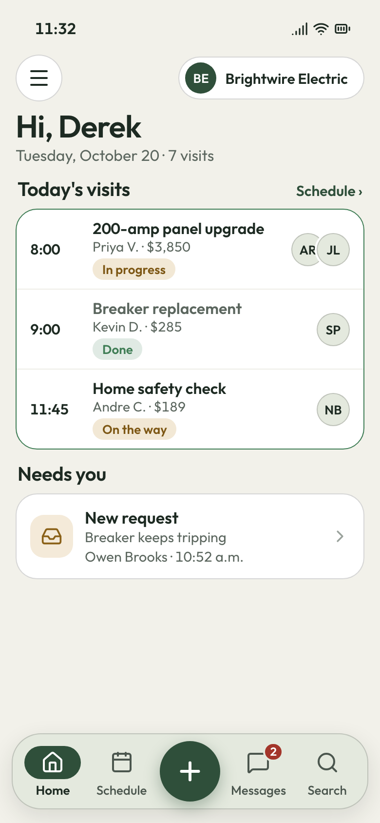Brightwire Electric app on a phone: 200-amp panel upgrade under way, breaker replacement done, home safety check next