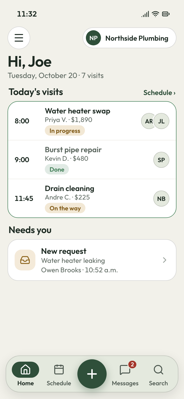 Northside Plumbing app on a phone: water heater swap under way, burst pipe repair done, drain cleaning next