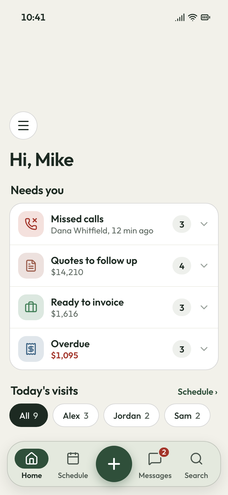 The owner's Home on the JobsiteBooked phone app: missed calls, quotes to follow up, ready to invoice and overdue