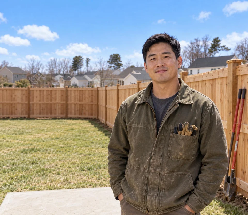 Fence contractor beside a new cedar fence in a backyard