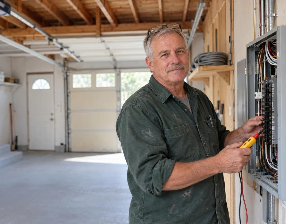 Electrician in a garage beside an open breaker panel he is working on