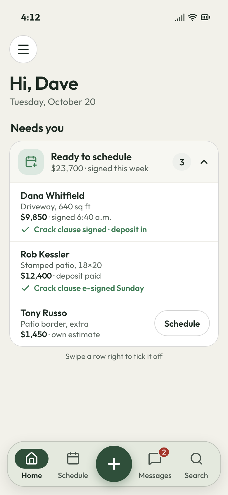 JobsiteBooked phone app: three signed jobs ready to schedule, each with its crack clause signed and deposit in