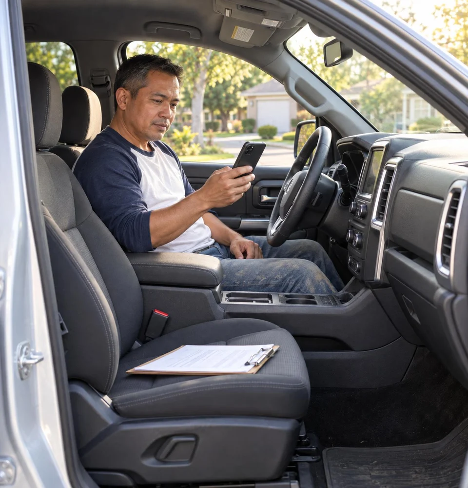 Contractor in his parked pickup, reading a reply to an estimate on his phone