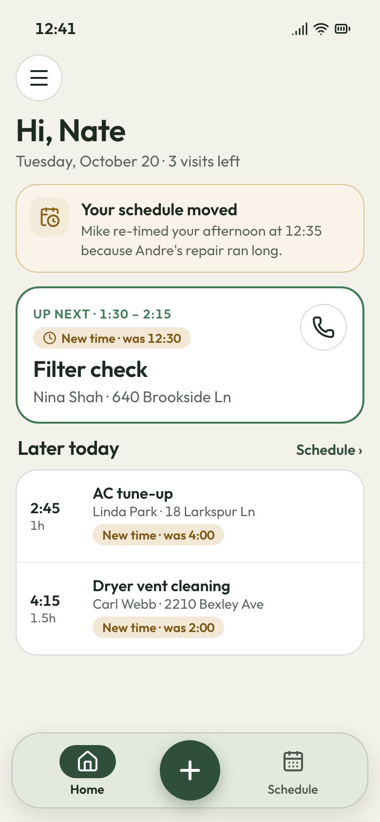 Crew member's phone showing a Your schedule moved notice and the afternoon's visits at their new times.