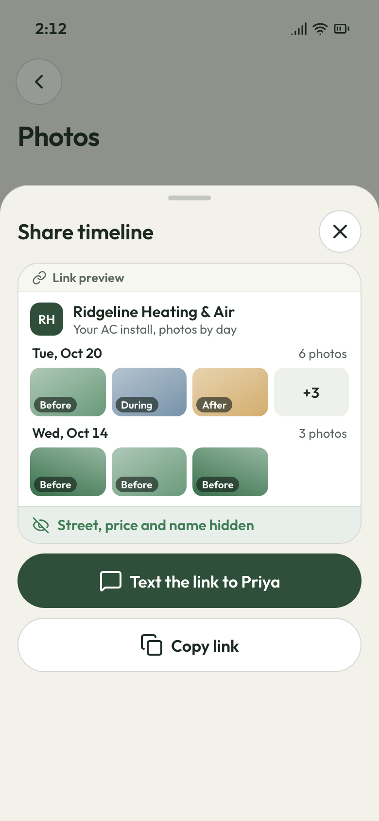 A phone's Share timeline sheet previewing the customer's link: job photos by day, street, price and name hidden