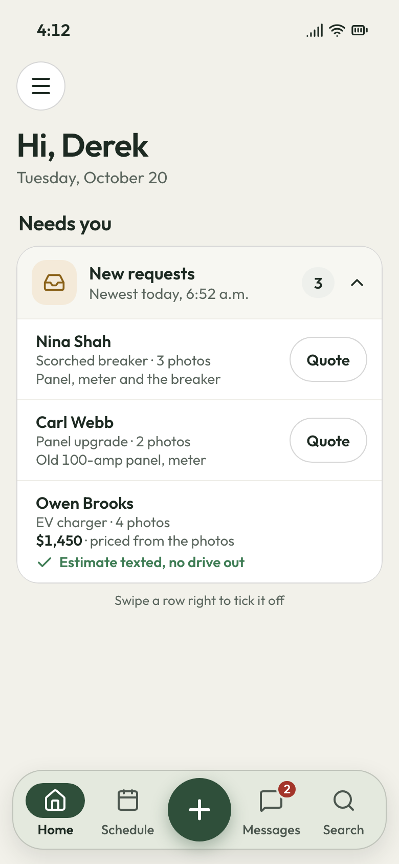 JobsiteBooked phone app: new requests with panel photos, ready to quote, and an EV charger priced from its photos