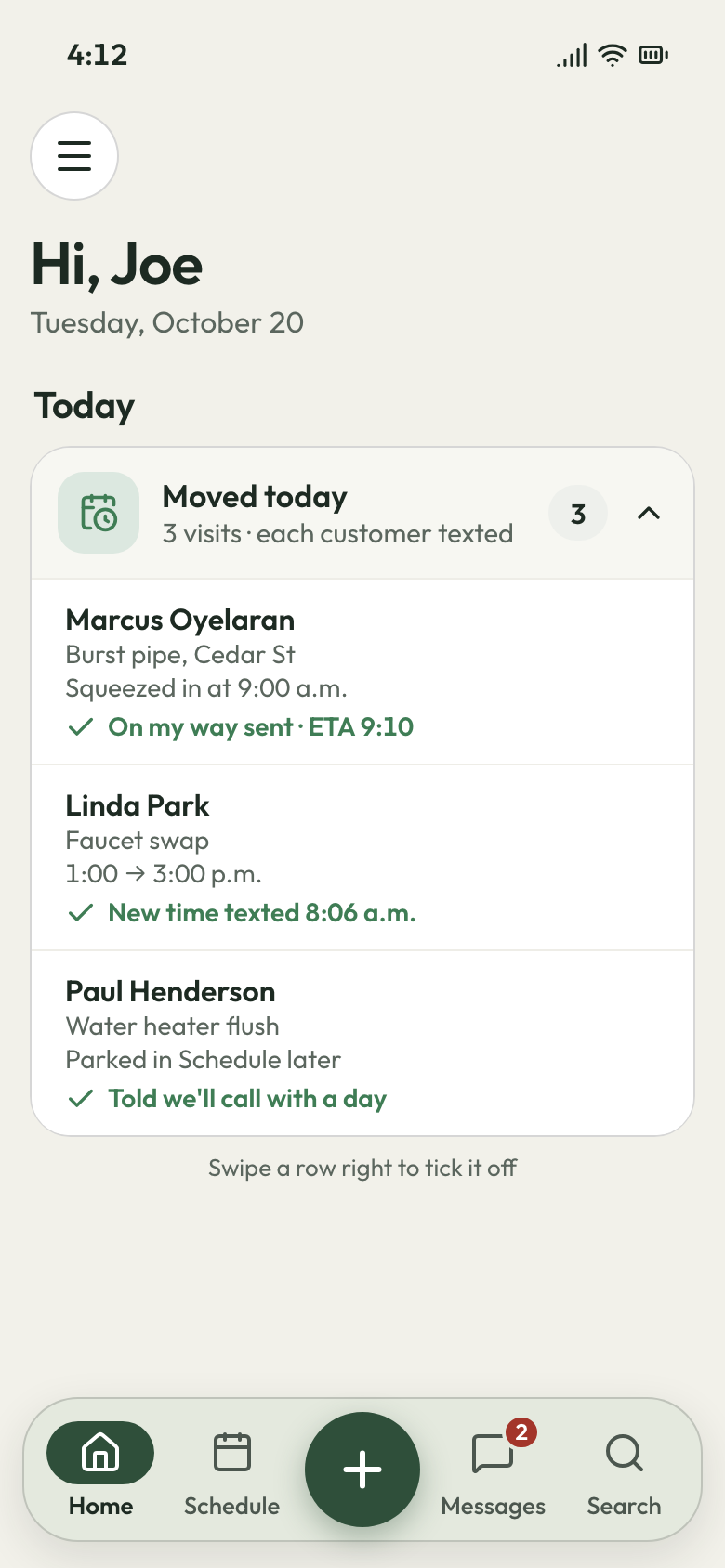 JobsiteBooked phone app: three visits moved today, each customer texted the new time automatically