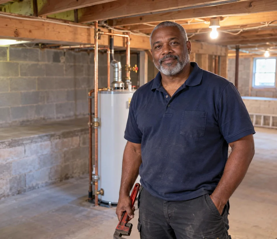 Plumber in a basement utility room beside a water heater he just put in