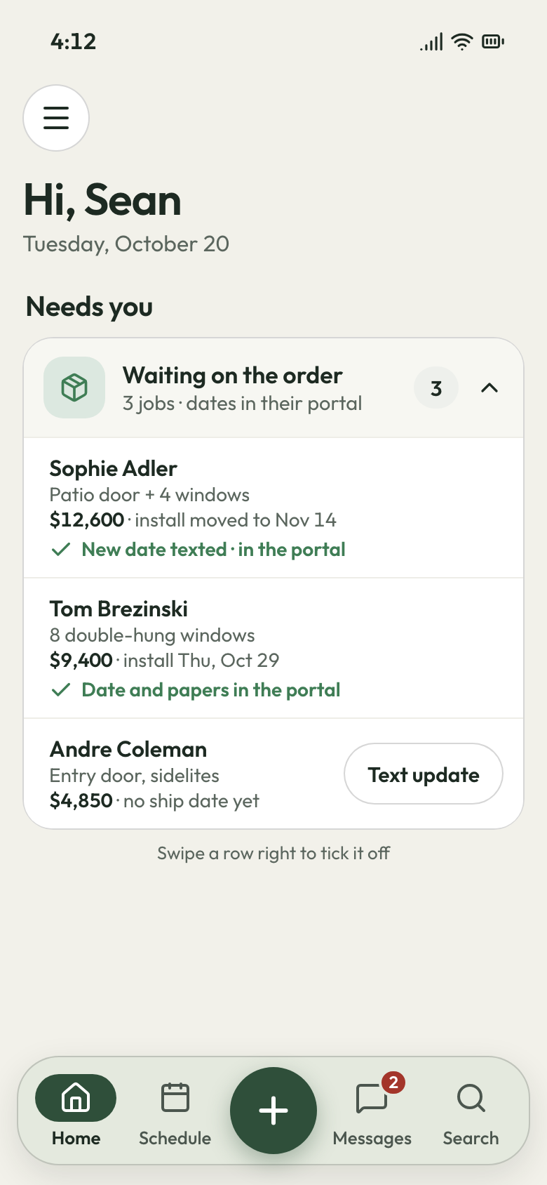 JobsiteBooked phone app: jobs waiting on the order, each install date and new date in the customer's portal