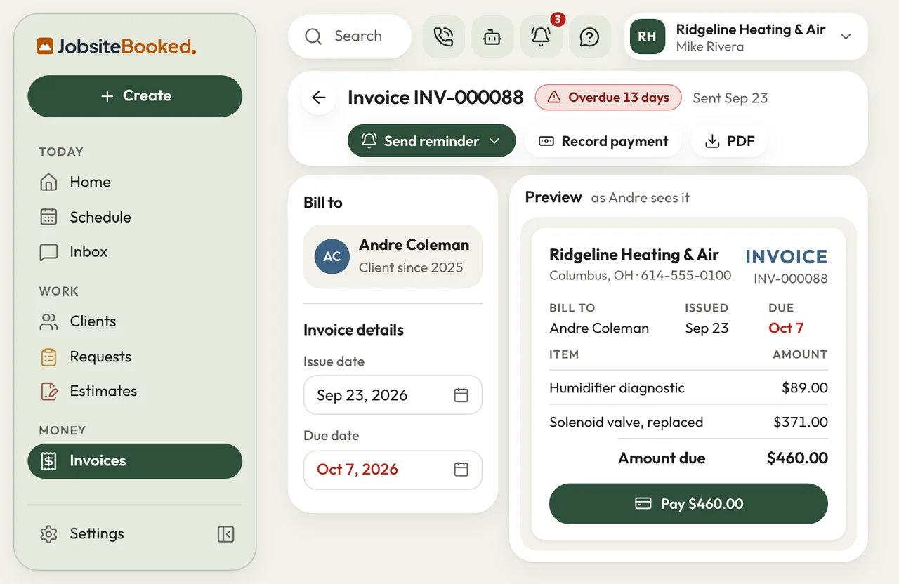Invoice editor in JobsiteBooked showing an overdue invoice beside the customer's preview with a Pay button.