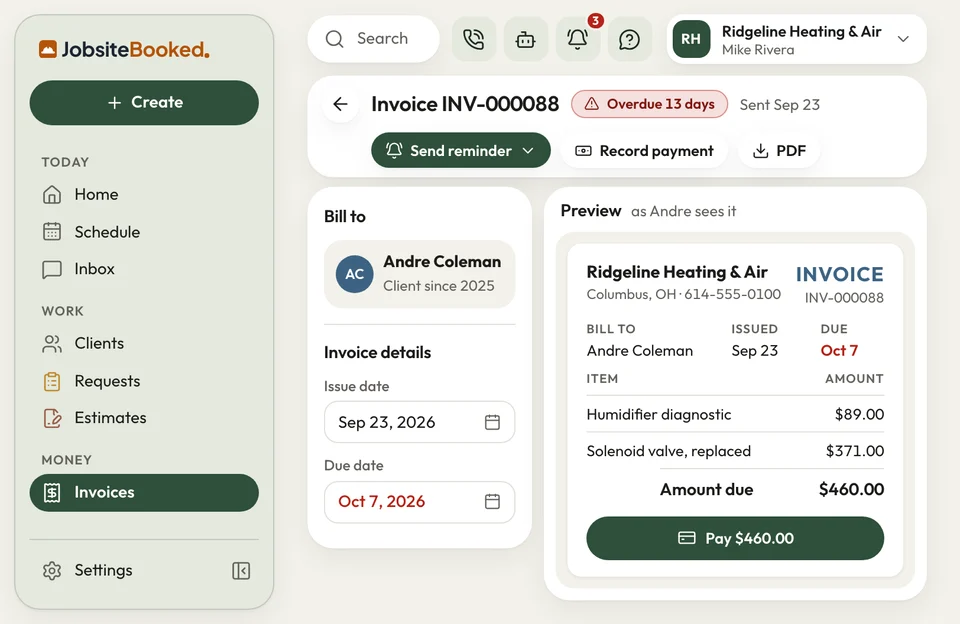 Invoice editor in JobsiteBooked showing an overdue invoice beside the customer's preview with a Pay button.