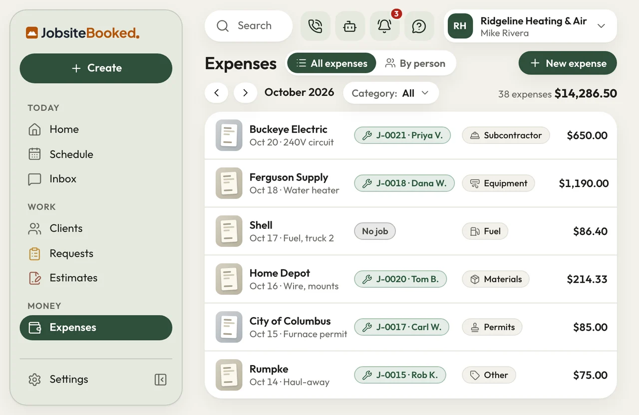 JobsiteBooked's Expenses list for October: each receipt with its photo, its job and a category like Materials or Fuel.