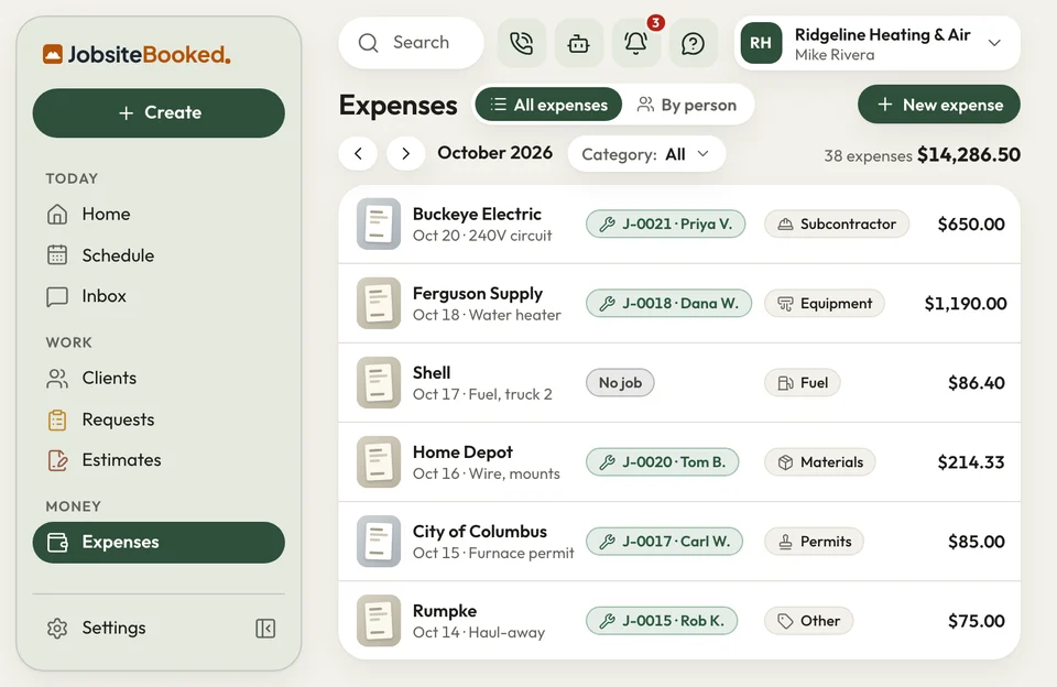 JobsiteBooked's Expenses list for October: each receipt with its photo, its job and a category like Materials or Fuel.