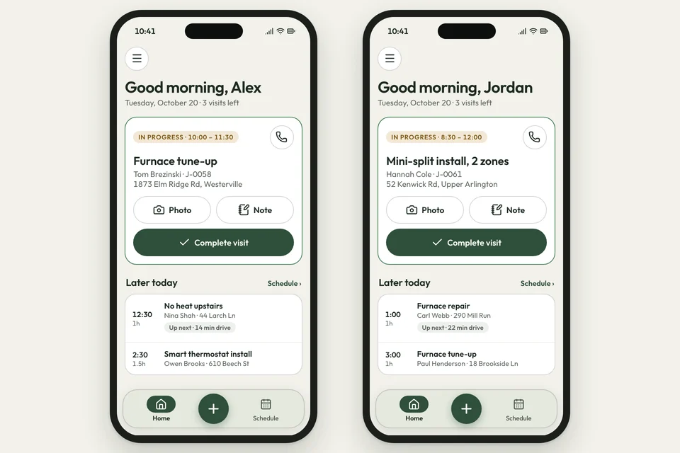 Two crew phones, each showing a visit in progress with Photo, Note and Complete visit, and later visits below