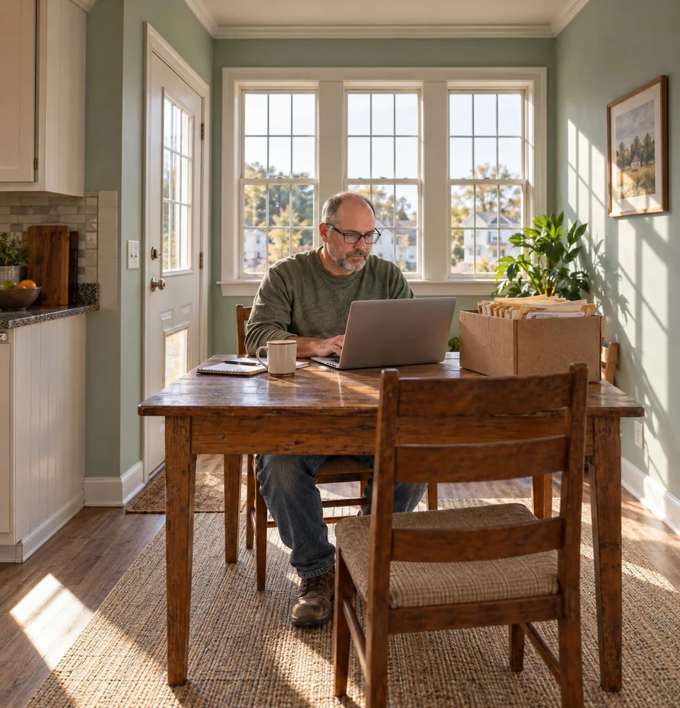 Contractor at his kitchen table with a laptop and a box of paper job folders