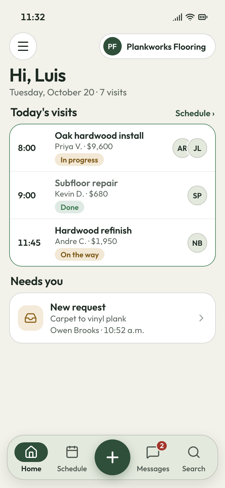Plankworks Flooring app on a phone: oak hardwood install under way, subfloor repair done, hardwood refinish next