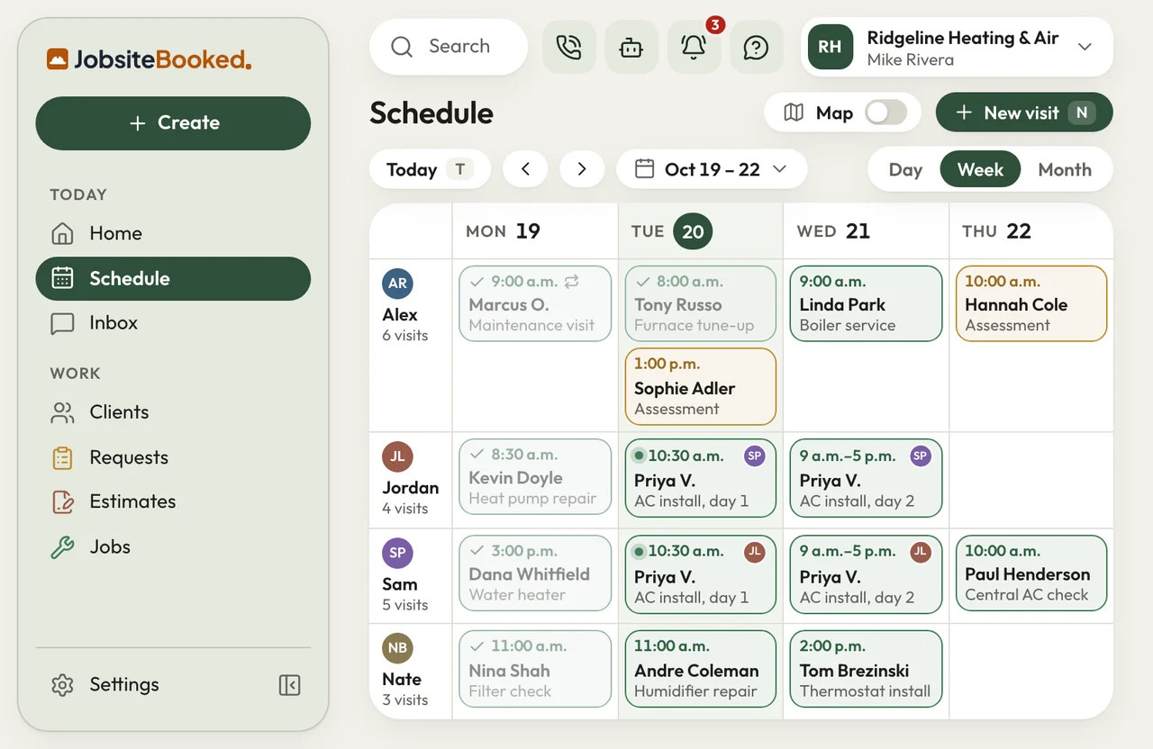 JobsiteBooked schedule showing the week by crew member, each visit a colour-coded card on its day.