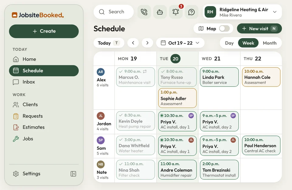 JobsiteBooked schedule showing the week by crew member, each visit a colour-coded card on its day.