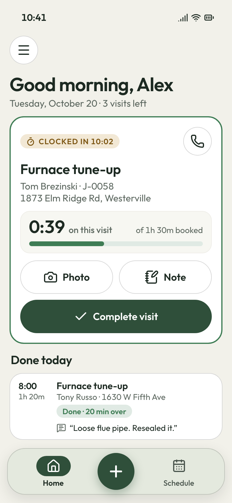 Crew app mid-visit: clocked in at 10:02, 39 minutes on a furnace tune-up out of 1 hour 30 booked