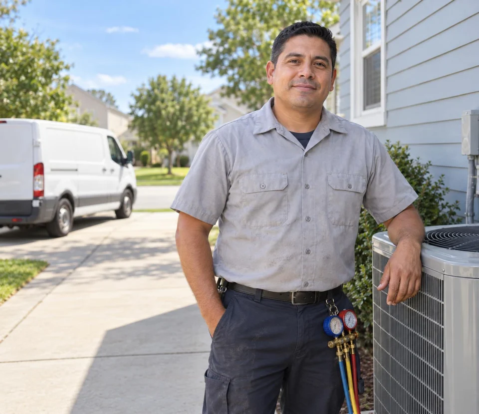 HVAC technician beside his service van, next to the new outdoor unit he just installed