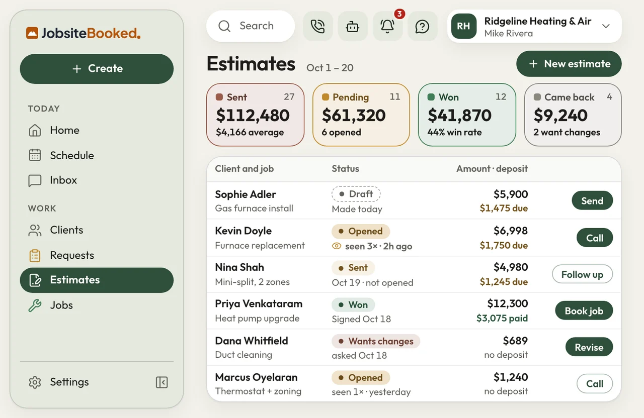 JobsiteBooked Estimates list: Sent, Pending, Won and Came back totals, each estimate's status and its deposit due or paid