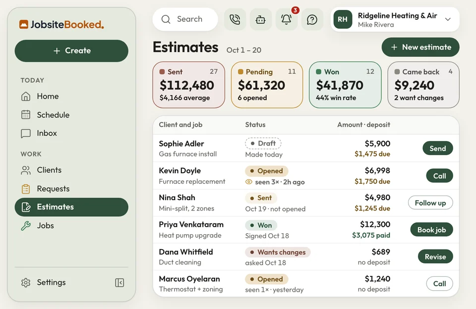 JobsiteBooked Estimates list: Sent, Pending, Won and Came back totals, each estimate's status and its deposit due or paid