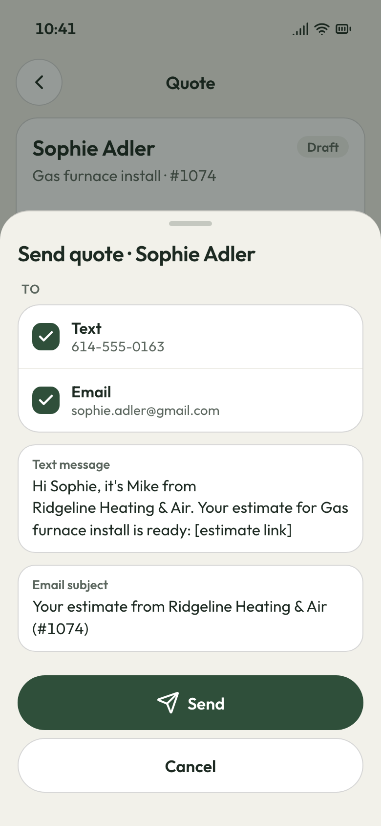 The JobsiteBooked phone app sending a quote: Text and Email ticked, the message to the client and a Send button