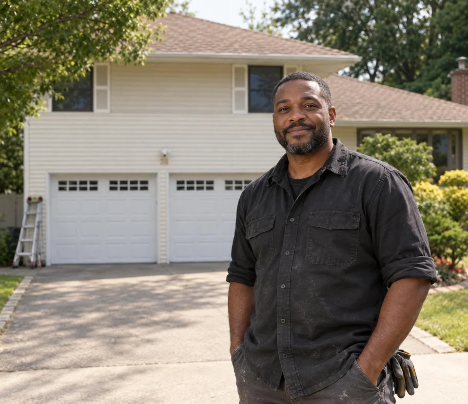 Garage door installer in a driveway in front of a garage door he just fitted