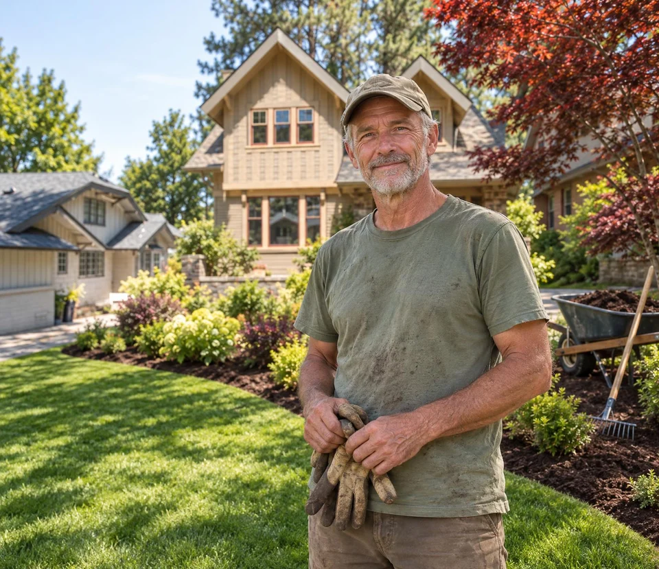 Landscaper beside a freshly edged lawn and mulched flower beds