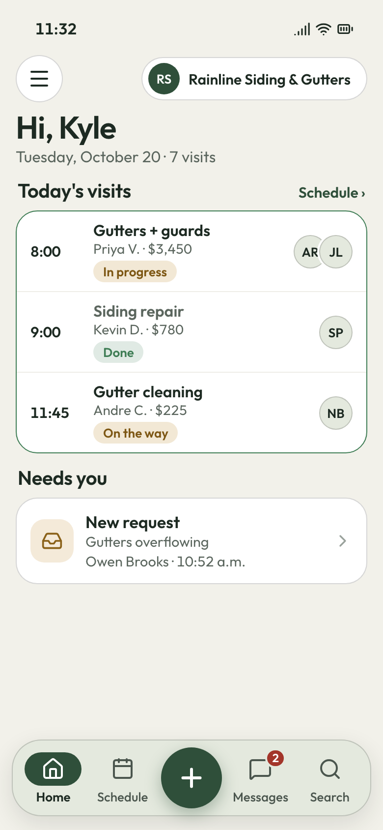 Rainline Siding & Gutters app on a phone: gutters + guards under way, siding repair done, gutter cleaning next