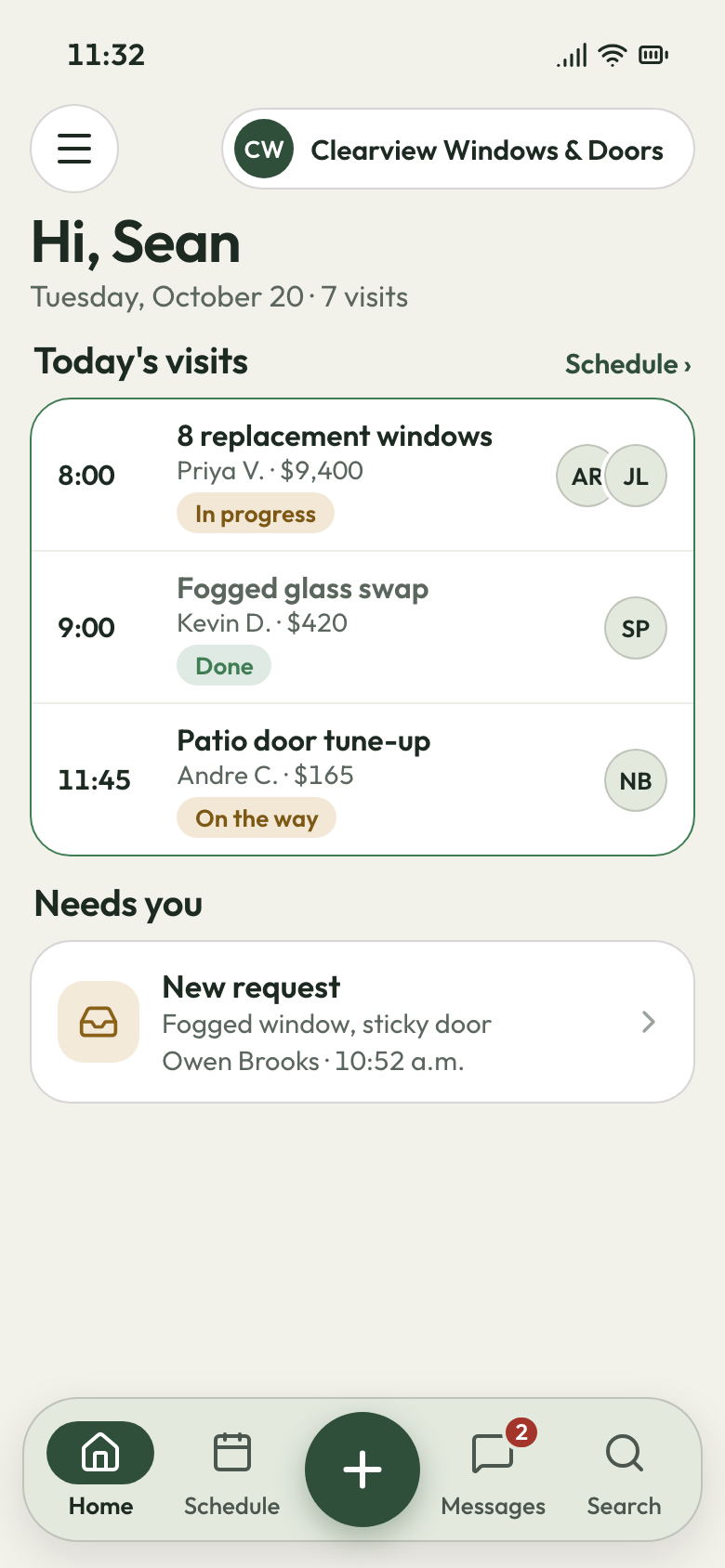 Clearview Windows & Doors app on a phone: 8 replacement windows under way, fogged glass swap done, patio door tune-up next