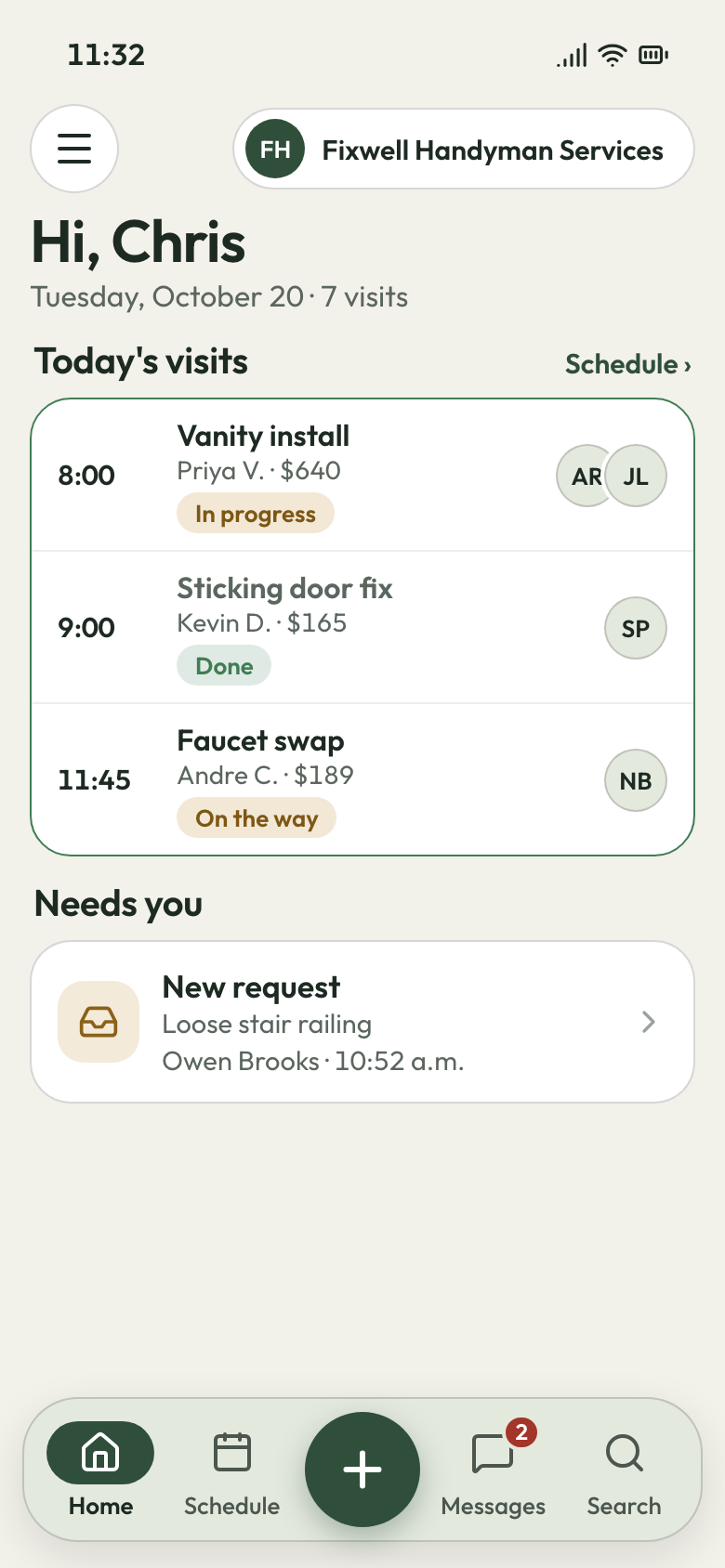 Fixwell Handyman Services app on a phone: vanity install under way, sticking door fix done, faucet swap next