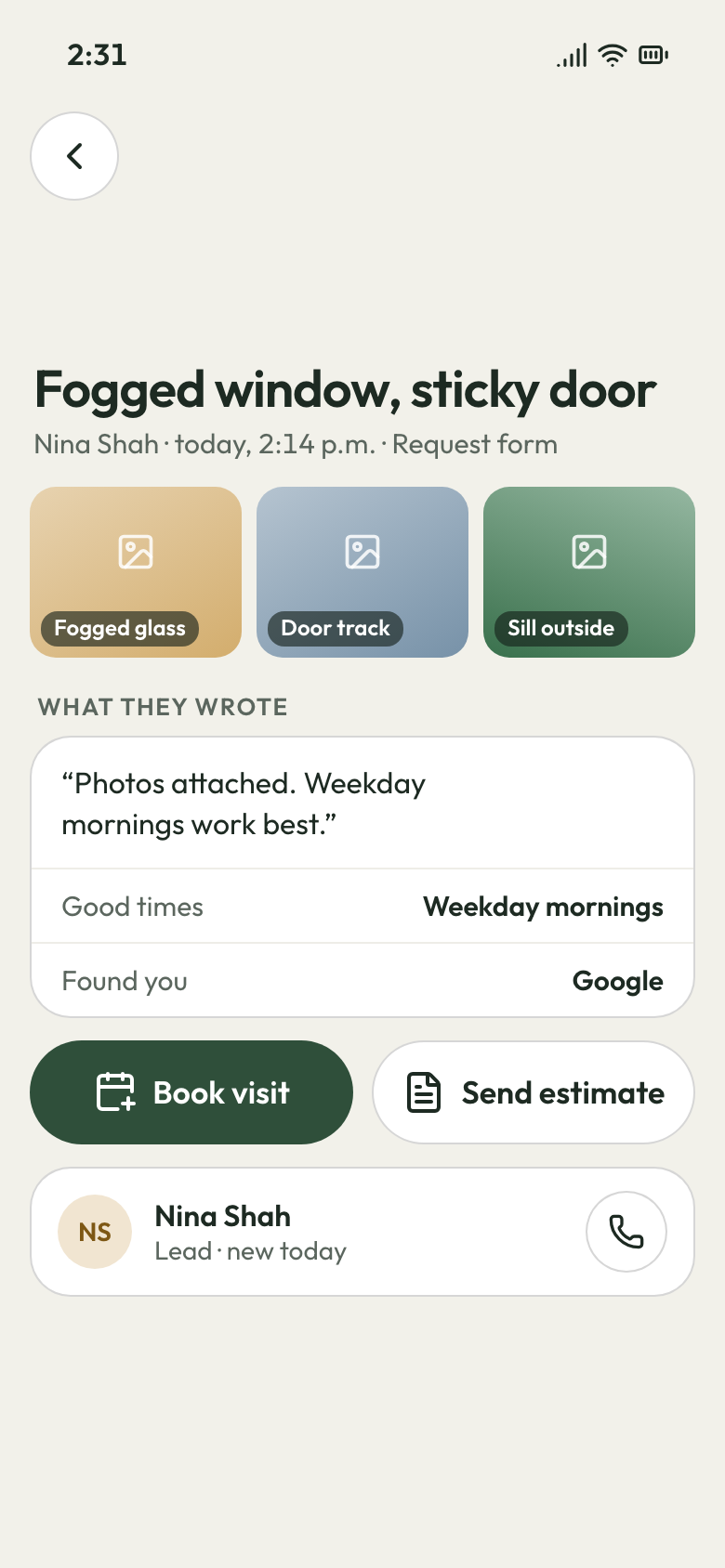 Phone app showing a fogged-window request with the customer's three photos, her note and a Book visit button