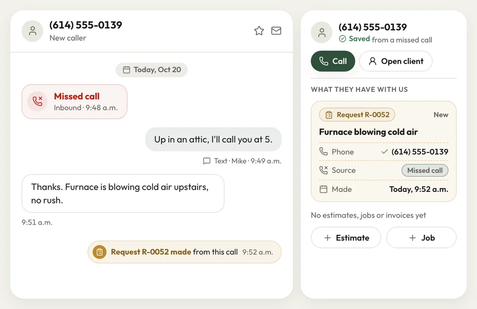 A missed call's thread: the logged call, the owner's text back, and a request with the caller's number and source filled in